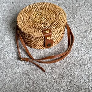 Woven Round Crossbody Bag in Natural and Tan